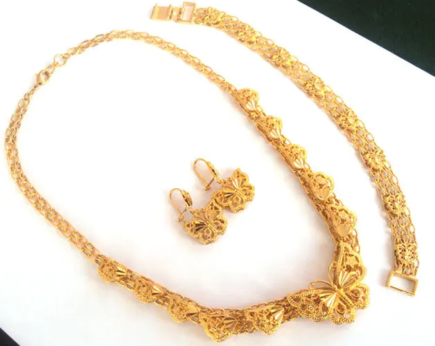Благородный 24 к Настоящее тонкое золото GF подвеска ожерелья в виде бабочки серьги браслет наборы безусловная пожизненная замена гарантия