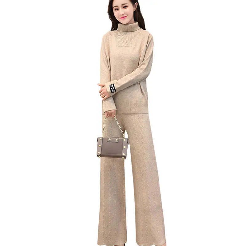 2018-Spring-New-Ladies-Knit-Turtleneck-Sweater-Suit-Fashion-Wide-Leg ...