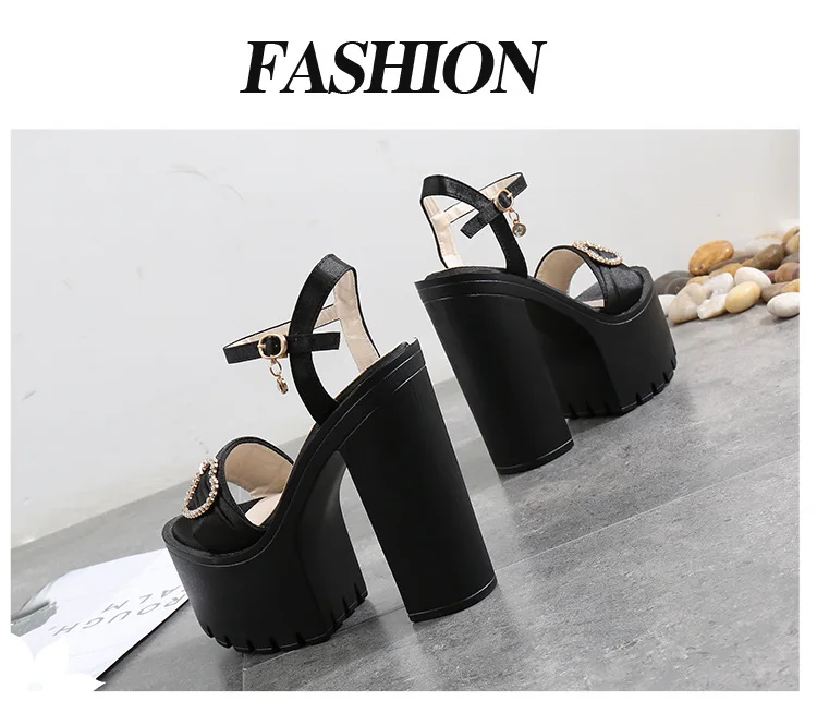 G-sparrow 14CM Comfortable Platform High Heels Thick Buckle Diamond Sandals Female Red Wedding Shoes Summer 2018 New Black40