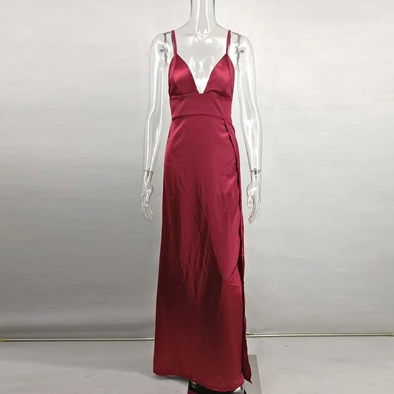 Classic V-neck Sexy Slit Satin Dress Spaghetti Strap Long Silk Ladies Evening Party Dresses Split High Waist Elegant Club Dress