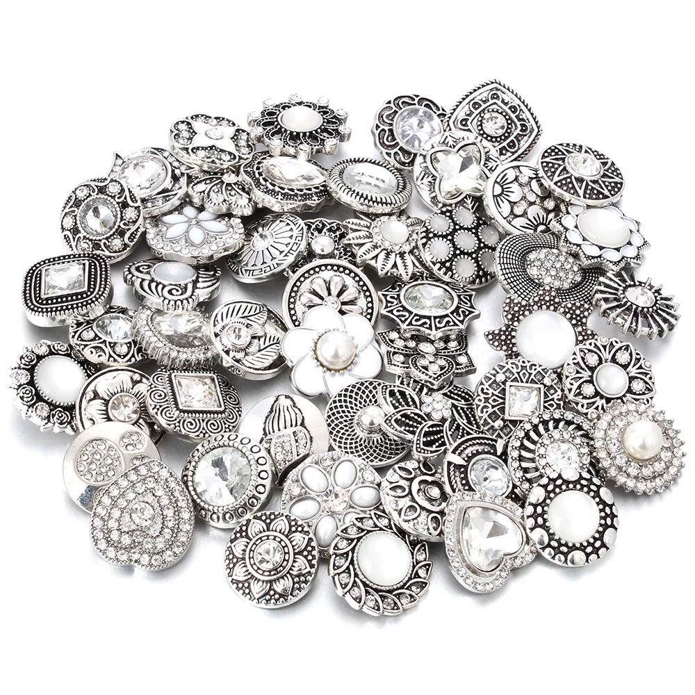 

10pcs/lot Wholesale Snap Jewelry 18mm Snap Buttons Mixed White Rhinestone Metal Flower Snaps Buttons for Snap Bracelet Bangle