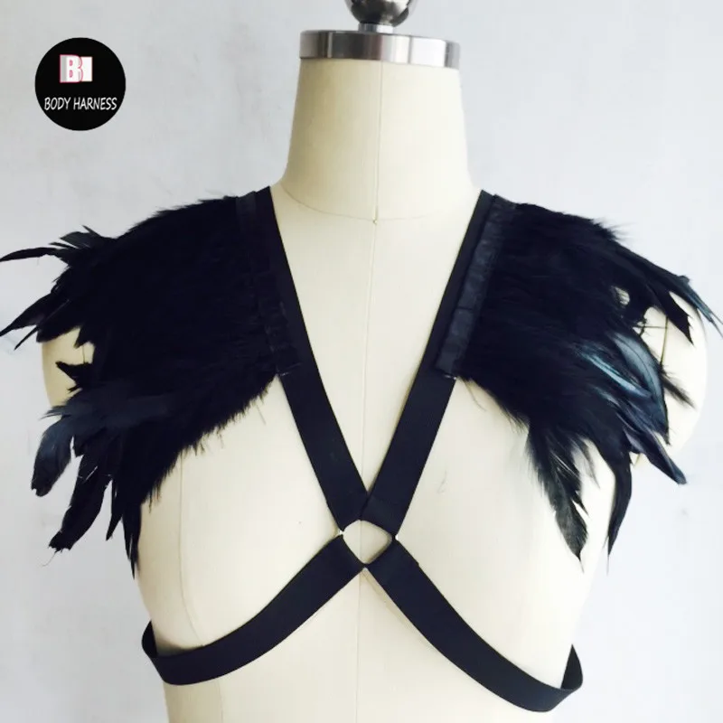 Feather harness bra women sexy lingerie Harajuku Gothic body harness