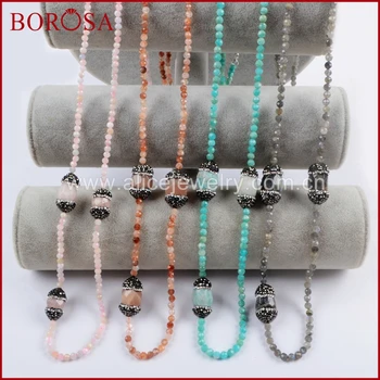 

BOROSA New DIY 2PCS Pave Rhinestone Multi-kind Stone Bead Necklaces 36Inch Long Druzy Necklace for Women Jewelry JAB914