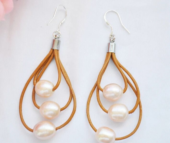 

HOT SELL - > 00216 3row pink rice freshwater pearl coffee leather cord dangle EARRING -Top quality free shipping