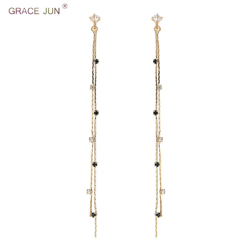 

GRACE JUN Gold Color Double Tassel Rhinestone CZ Clip on Earrings and Drop Pierced Earrings for Women Charm Long Earrings New