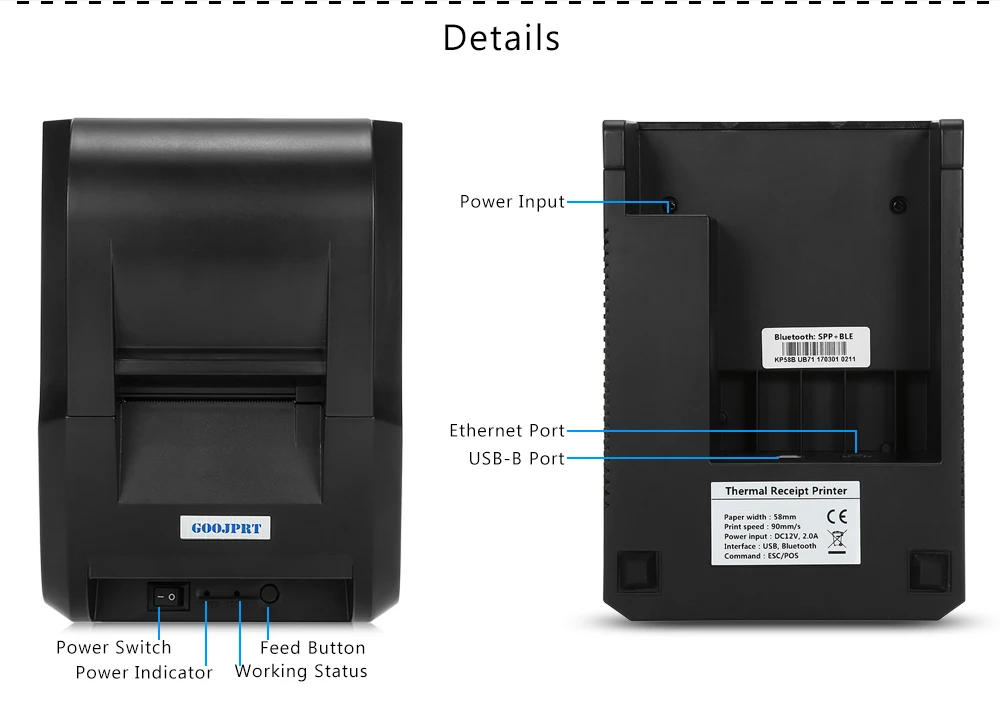 GOOJPRT JP58H 58 мм Беспроводной термальность принтер Bluetooth получения печатная машина 90 мм/сек. с USB порты и разъёмы для Android iOS