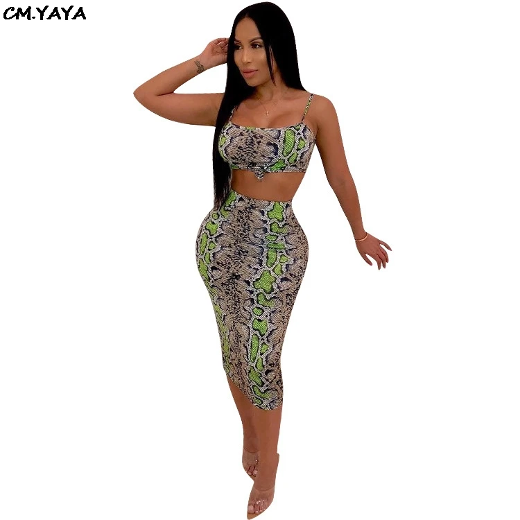 

2019 women summer snakeskin print short tank tee top knee length midi bdoycon skirts suits dress two piece set outfit 6133