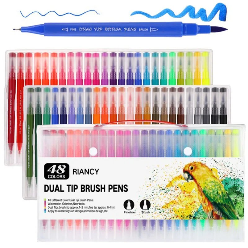 12/18/24/36/48/72/100PCS Colors FineLiner Dual Tip Brush Pens Drawing Painting Watercolor Art Marker Pens School Supplies - Color: 48colors