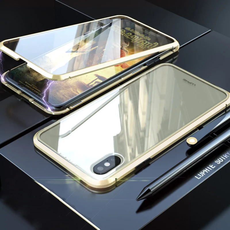 Double sided glass Magnetic case for iphone XS Max X 7 8 Plus Luxury metal 360 degree Full protection cover for iphone 7 8 Xr