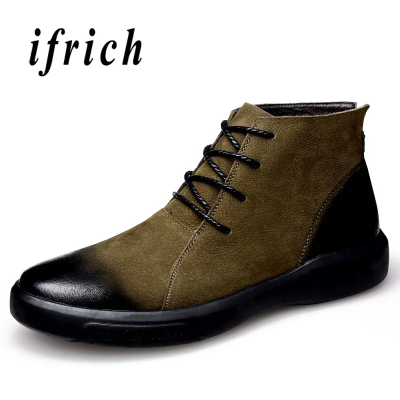 

Winter High Top Men Shoes with Fur Comfortable Work Shoes Male Khaki Black Young Casual Sneakers Leather Warm Fur Retro Shoes