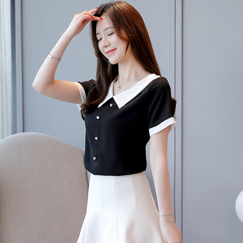 Korean Style Kawaii Blouse Sailor Collar Chiffon Shirt 2019 Summer 