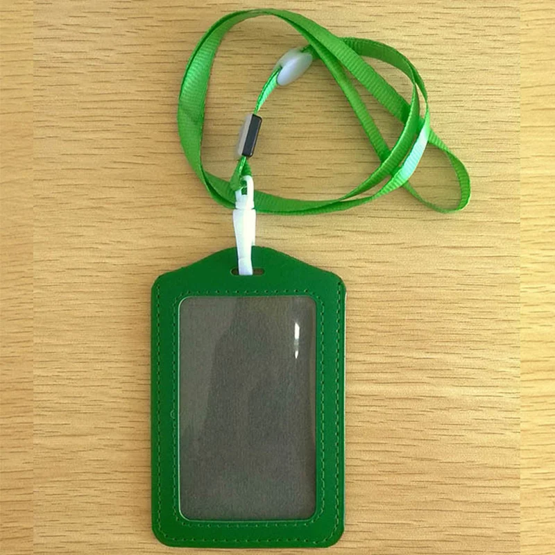 Визитница держатель для кредитных карт чехол PU кожаный ремень на шею держатель для удостоверения личности значок с ремешком банк - Цвет: Зеленый