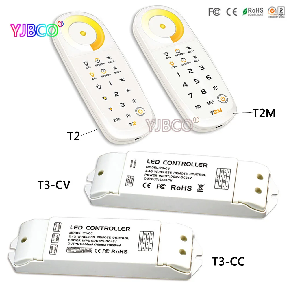 

2.4G wriess T2/T2M Color temperature touch remote;T3-CC/T3-CV receiver controller DC5V for led strip led panel light