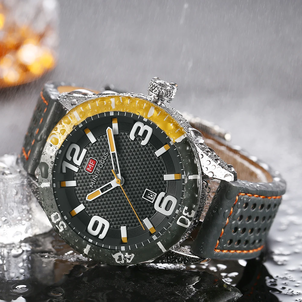 

MINI FOCUS Fashion Mens Watches Quartz Clock Leather Strap Waterproof Contrast Color Design Sports Watch Men Relogio Masculino