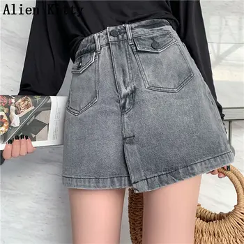 

Alien Kitty Grey Loose Solid Fresh Fork Women Empire 2019 Summer Simple Slim Fashion Plus Denim Short