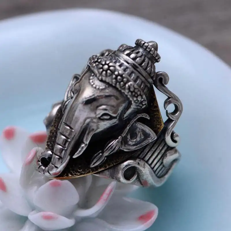 Настоящее чистое 925 пробы Серебряное кольцо Ганеша для мужчин Винтажный стиль индийский слон с короной животное мужские ювелирные изделия