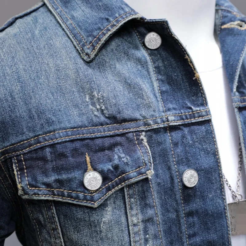 Весенний мужской комплект, Корейская тонкая джинсовая куртка с вышивкой+ джинсы, комплект из двух предметов, уличный стиль, принт с животными, джинсовое короткое пальто для мужчин