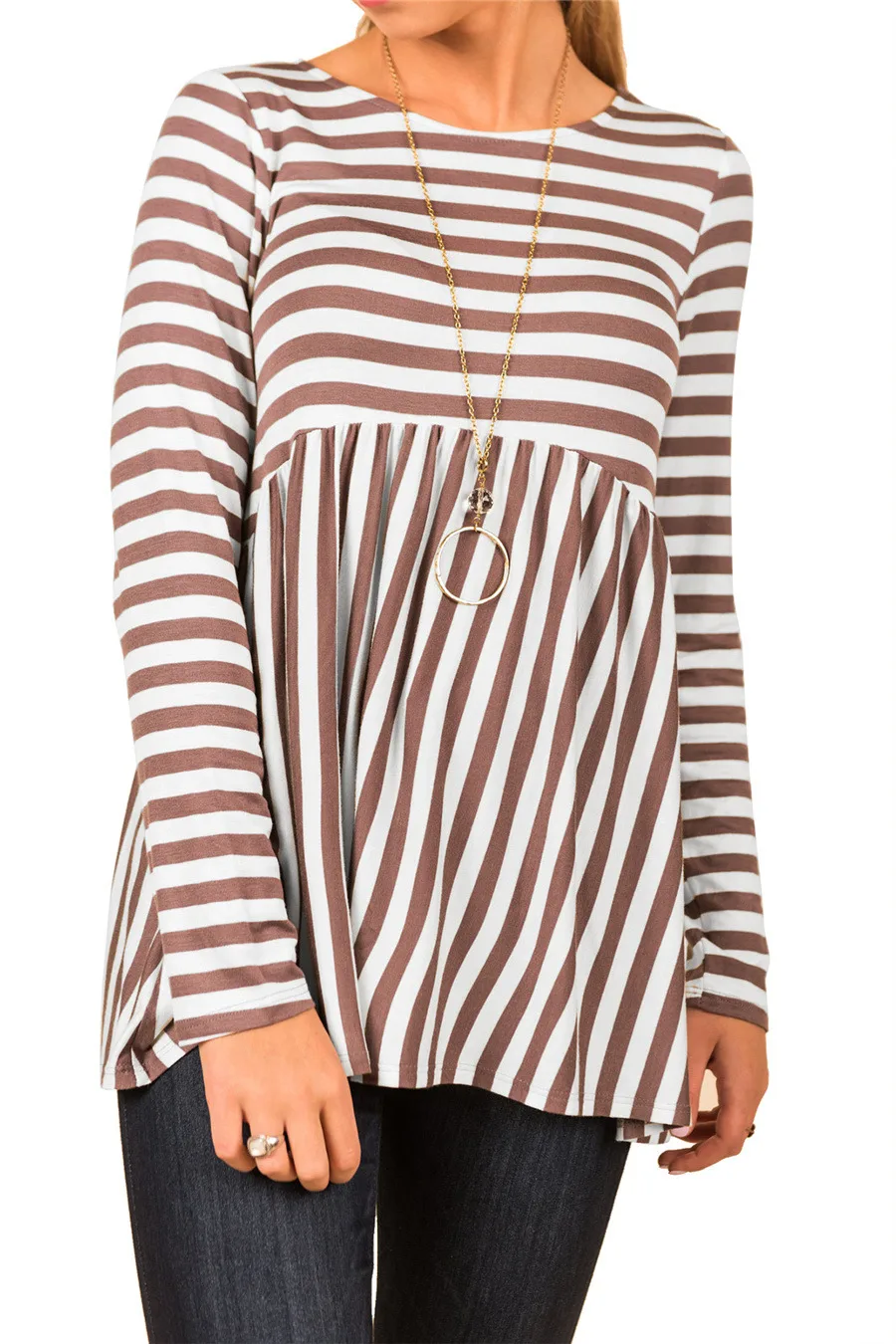Gladiolus 2018 Striped T Shirt Women O-Neck Long Sleeve Loose Casual Women T-Shirt Autumn Coffee Navy Blue Ladies Tee Shirts Top (13)