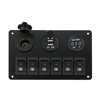 

6 Gang Blue light LED Car Boat Rocker Switch Panel Dual USB Cigarette Lighter Socket Voltmeter Auto Car LED Boat Switch Panel