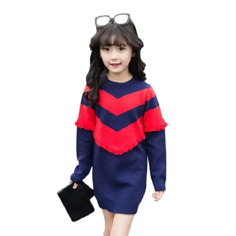 2018 Baby Girls Long Knitting Sweater Dress Autumn Winter Kid Long Sleeve Striped Fashion