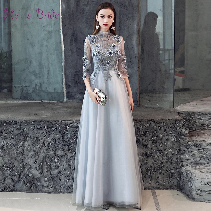 

He's Bride Lace Flower High Neck Long Sleeves Zipper Back Floor-Length Evening Dress Custom Party Prom Gown Vestidos De Fiesta