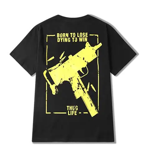 Футболка с принтом "Born To Lose Dying To Win Thus Life" Ak47, Мужская футболка для скейтборда в стиле хип-хоп с принтом пистолета и пистолета - Цвет: Black