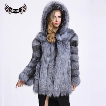 

BFFUR Real Fur Fox Coat For Women With Fur Hood Natural Fur Jacket Classic Silver Fox Overcoat Capped Woman Winter 2018 Warm