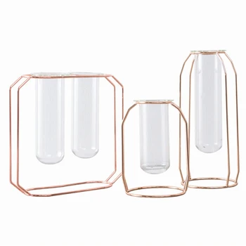 

Practical Boutique Nordic Glass Cuvette Vase Modern Gold Plated Iron Flower Vase Fashion Plant Vase Creative Terrarium Room Ho