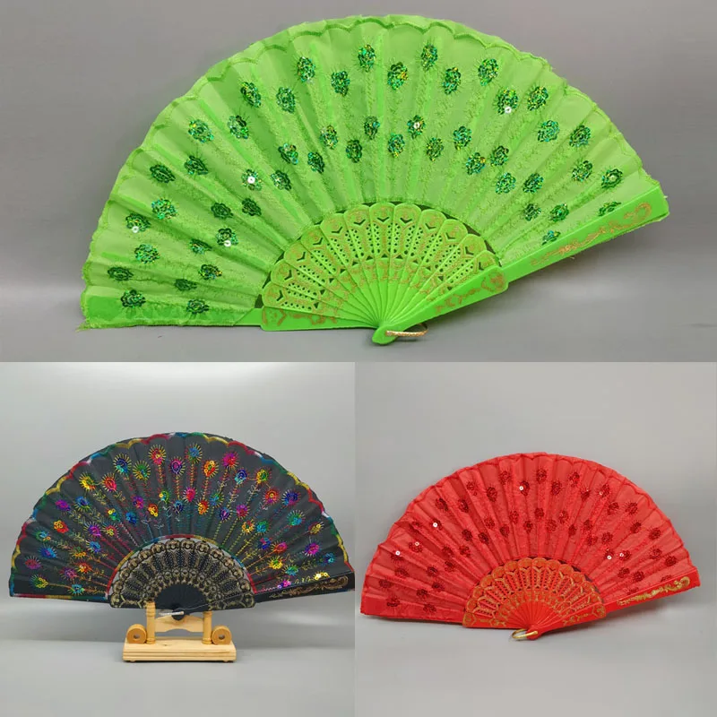 

Dancing Fans Summer Accessory Women Girl Embroidery Chinese Style Art Folding Peacock Tail Feather Home Decor Crafts Print