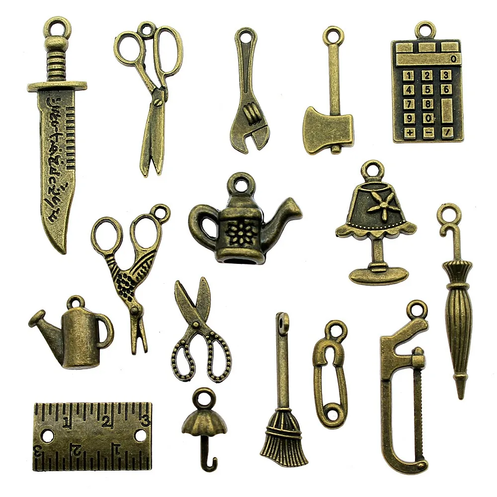 

15pcs Antique Bronze Tools Charm Pendants For Jewelry Making Knife Ax Scissors Charms Jewelry Accessories
