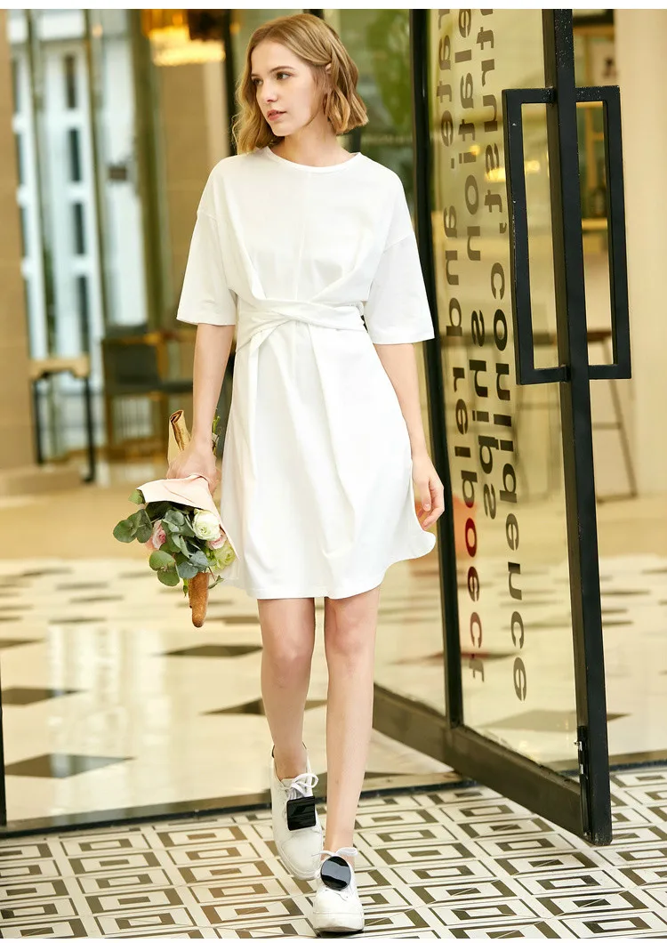 Amii Minimalist Women Dress Spring Summer Causal Solid Short Sleeve Belt Lace Up O Neck Cotton Elegant Female Dress