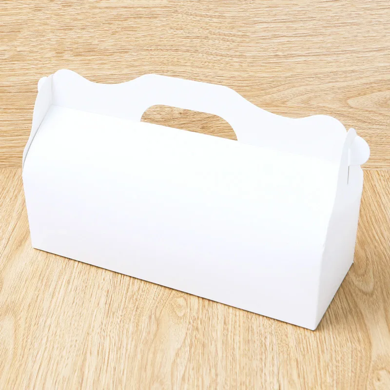 

10PCS Free Shipping White Long Stripes Swiss Roll Cake Roll Box Kraft Paper Handbag Box Bottom Care Length 27.5cm Baking Packing