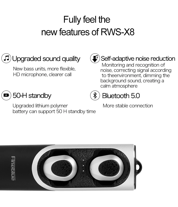 FineBlue RWS-X8 TWS 4 часа музыка время Bluetooth наушники, HD стерео беспроводные наушники, шумоподавление игровая гарнитура