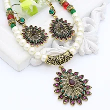 New Vintage Turkish Women Water Drop Jewelry Sets Imitation Pearl Pendant Necklace Hollow Flower Earring Antique Athena Bijoux