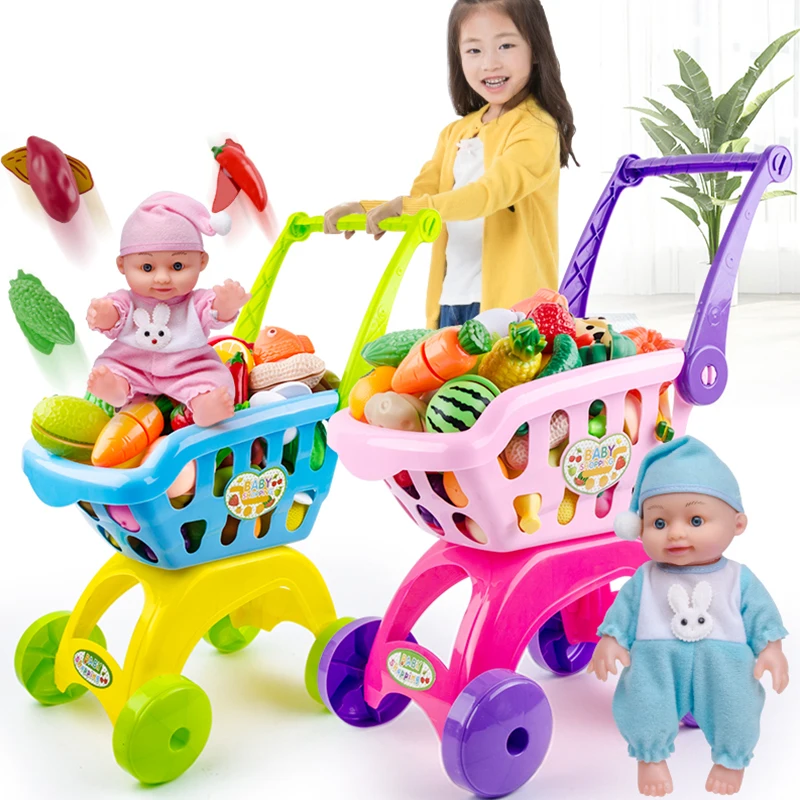 Baratos Juguetes clásicos para niños, juego de simulación, carrito de compras, carrito para niño, niña, pastel de frutas, muñeca, juguete, Rollo, bolsa de almacenamiento para bebés