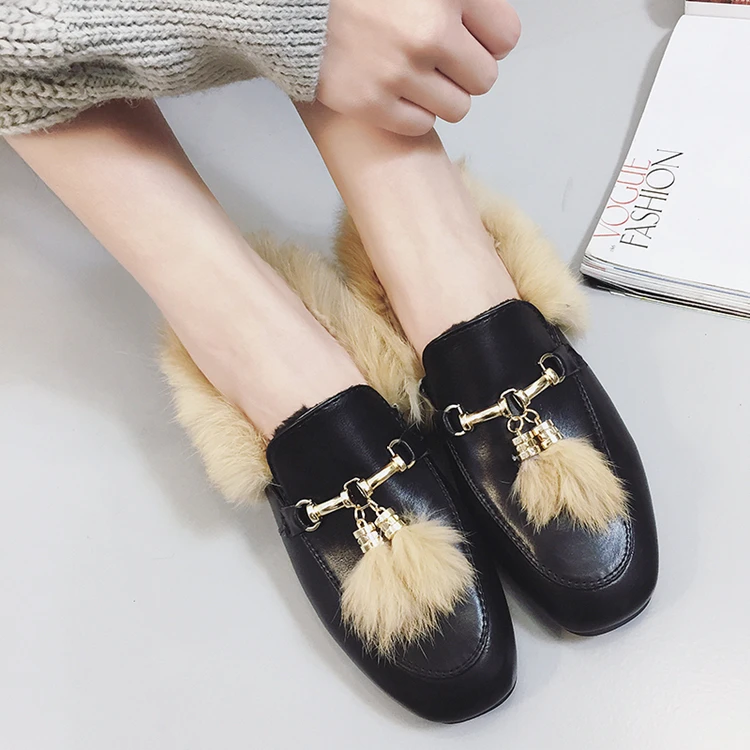 2016 autumn and winter peas shoes women add cashmere Korean tassel warm rabbit fur cotton lazy