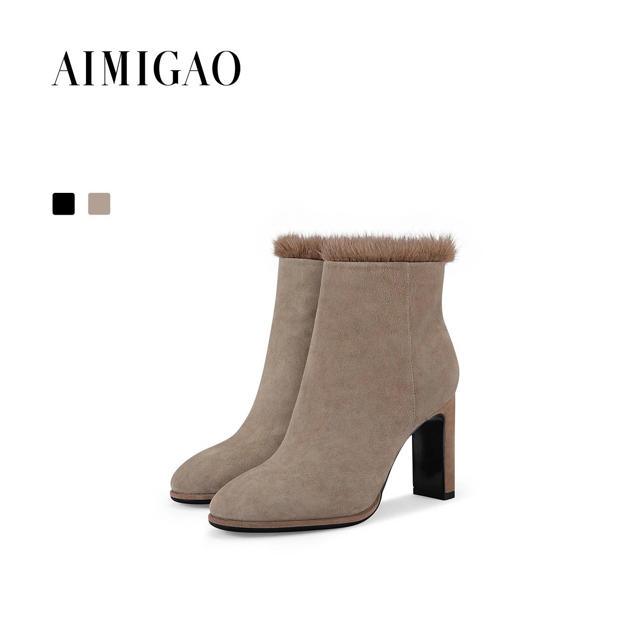 

AIMIGAO 2017 winter new suede leather round toe Fashion high-heeled ankle boots women's side zipper vintage ankle boots autumn