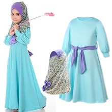Платье для девочек в европейском и американском стиле; сезон весна-осень; платье с длинными рукавами мусульманское платье+ цветок Hijab2 шт набор Детское платье