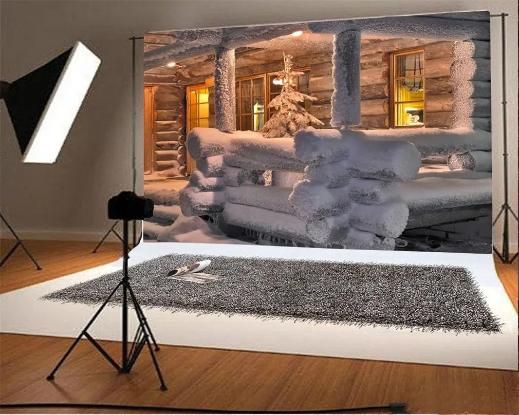 

Photography Backdrop Christmas Tree Snow Covered Landscape Wood House Winter Night View Photo Background