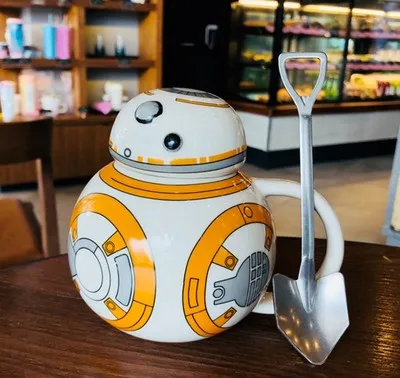 OUSSIRRRO Star Wars кружка BB8 C-3PO 3D чашка для кофейных напитков с крышкой с ложкой высокотемпературное производство керамики детский подарок - Цвет: BB8 CUP WITH SPOON