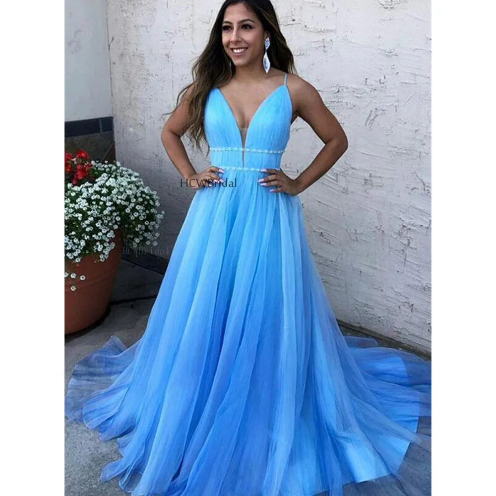 

Wonderful Light Blue Organza Long Dresses Prom 2019 Sweep Train Backless Spaghetti Strap Sexy Formal Occasion Women Dress Cheap