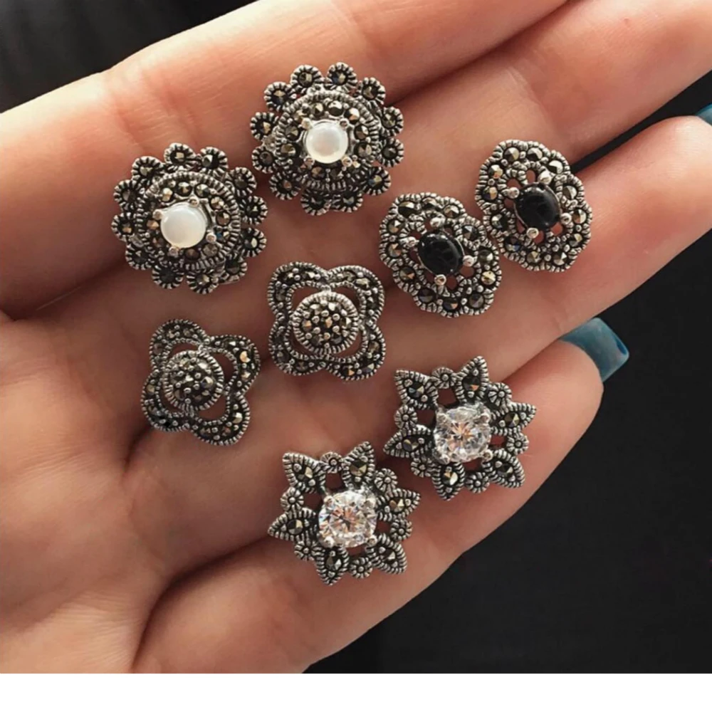 

4Pair/set Women's Fashion Creative Personality Pop Opal Flower Retro Earrings Set
