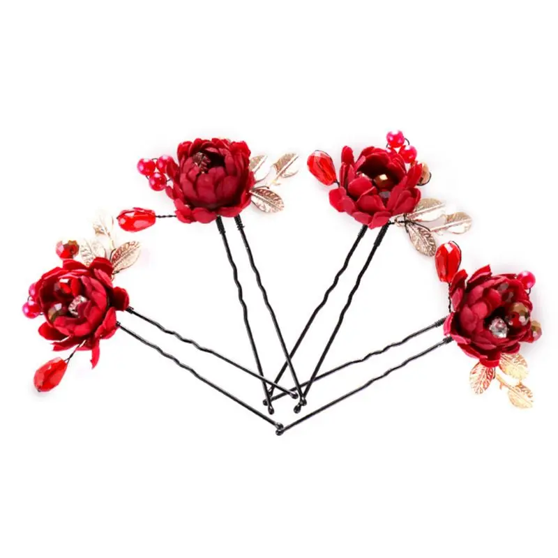 

Flower Hairpins Red Wedding Bride Chinese Vintage Headwear Bridal Floral Decoration Hairpin Pins Comb Headdress 2019 Gifts