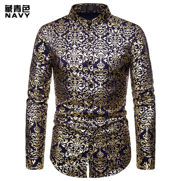 Shiny Gold Floral Print Mens Shirts Casual Slim Fit Long Sleeve Mandarin Collar Shirt Men Club Party Bronzing White Shirt Camisa - Цвет: navy