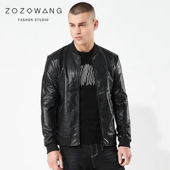 

ZOZOWANG 2020 Spring summer jacket men leather jacket retro motorcycle jacket O-collar high quality coat PU leather large size
