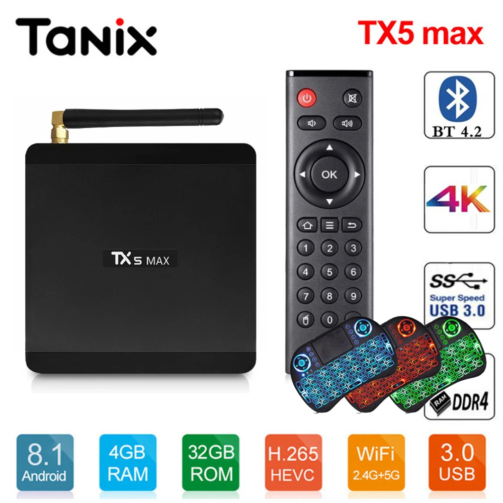 

Tanix TX5 Max TV Box Android 8.1 Amlogic S905X2 4GB LPDDR4 + 32GB EMMC 2.4GHz + 5GHz WiFi BT4.2 Support 4K H.265 Set Top Box