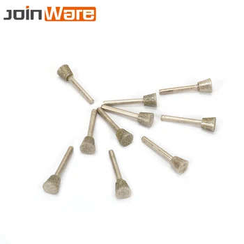 

10Pcs Diamond Inverted Cone Coated Grinding Head Jade Metal Glass Stone Carving Shank 6mm Head 16mm Grit 60