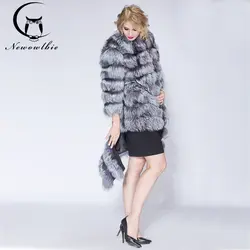 Newowlbie зима последние модные женские туфли Silver Fox меховой удалить пальто три четверти рукав однотонное пальто с мехом лисы помпон из