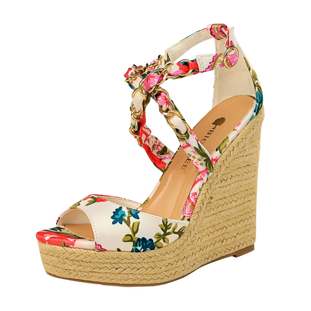 

Women Fshion High heel hemp rope Weaving Wedge Satin Floral Fish mouth Hollow metal chain Cross belt sandals