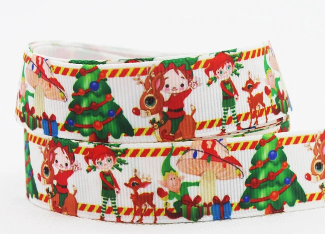 

[IuBuFiGo] Christmas Tree Ribbon Printed Grosgrain DIY handmade 22mm Ribbons For Decoration X-1728 Free shipping